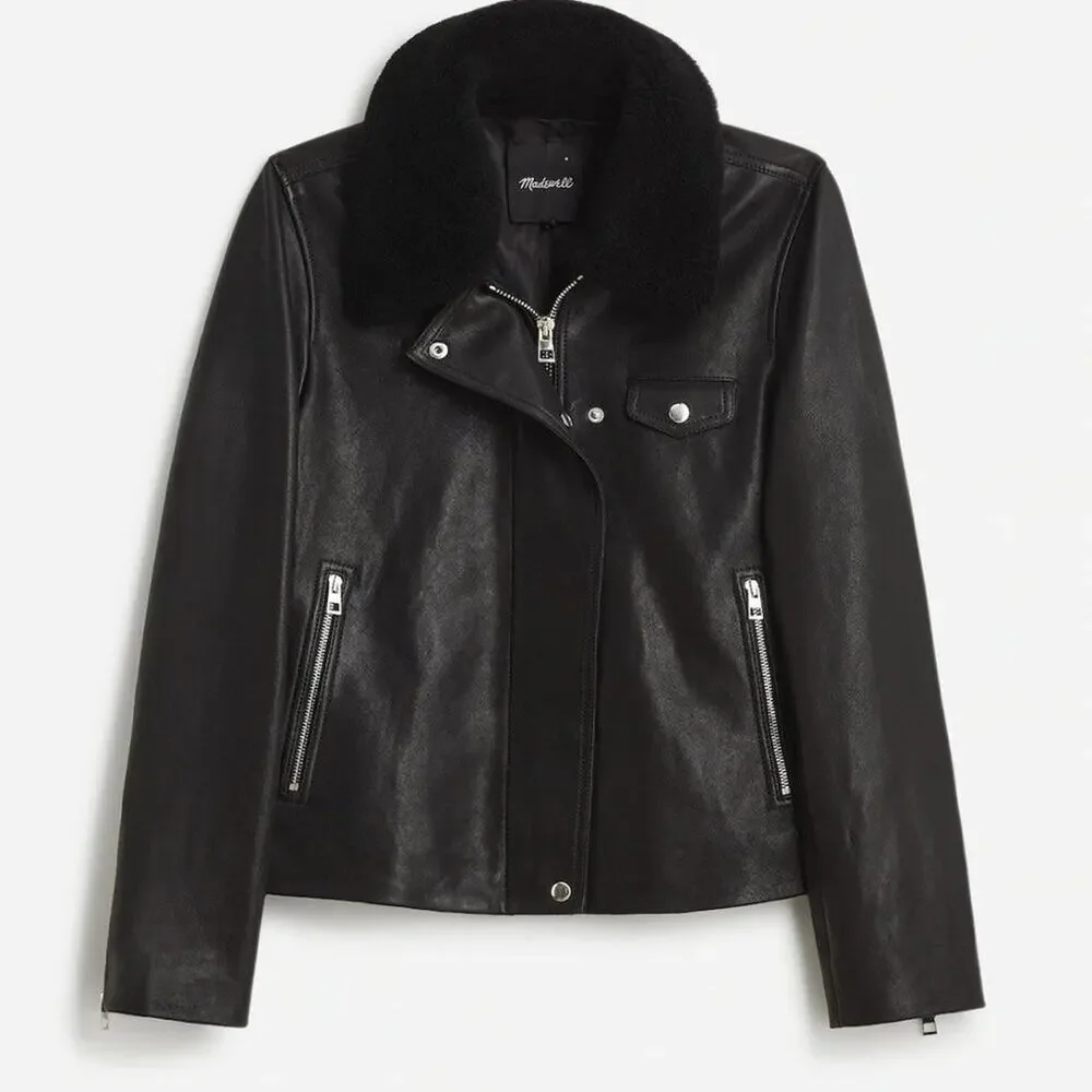 NWT Madewell Sherpa-Collar Asymmetric Zip-Front Jacket in Leather XS